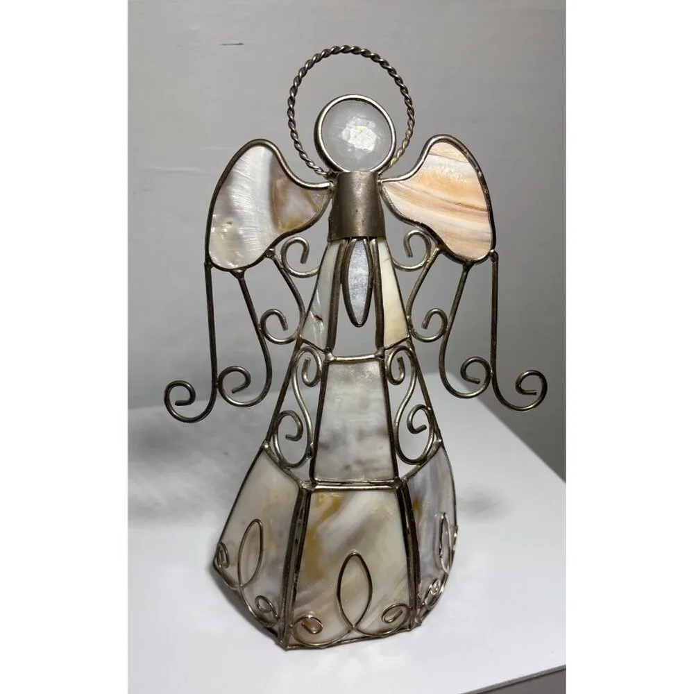 Set Of 3 Angel Figurines With Stained Glass Gold Mesh & Ceramic Design - Picture 7 of 8